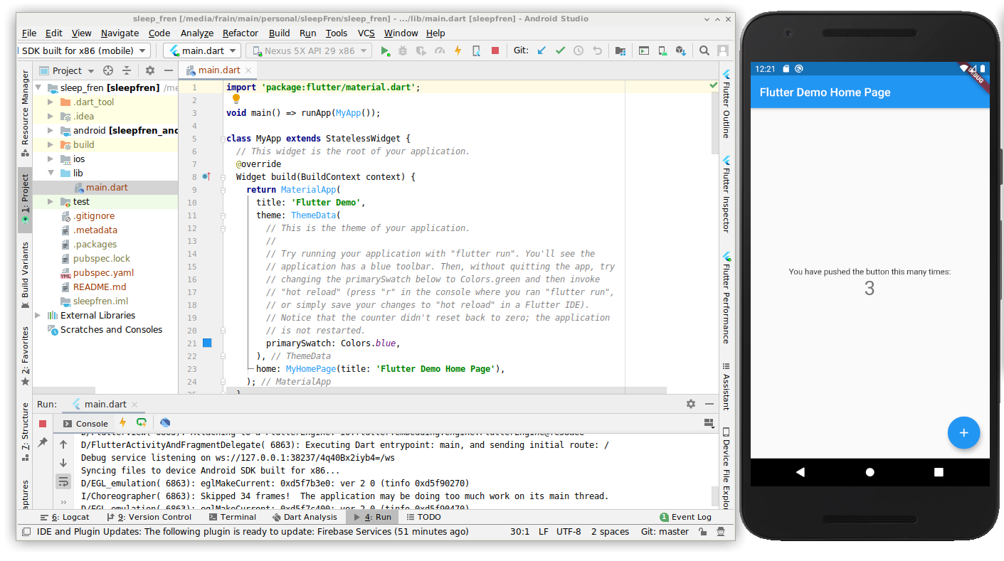 screenshot of flutter ide and android device
